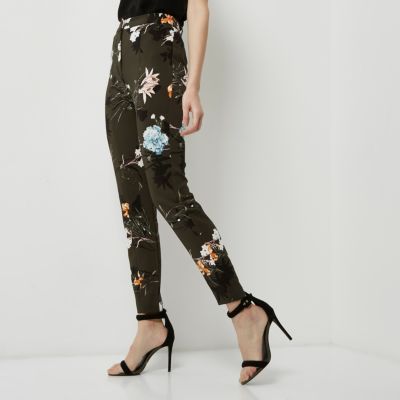 Khaki floral tapered slim fit trousers